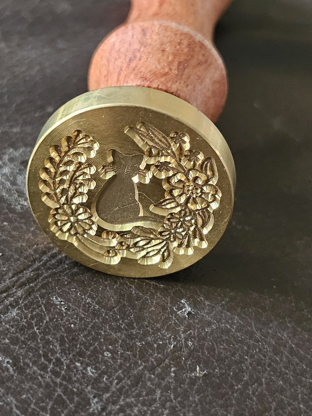 Brass Wax Seal Stamp with Floral Cat Design